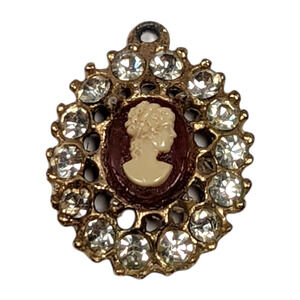 Vintage Oval Cameo Mini Ornate Pendant Gold Tone Clear Rhinestones